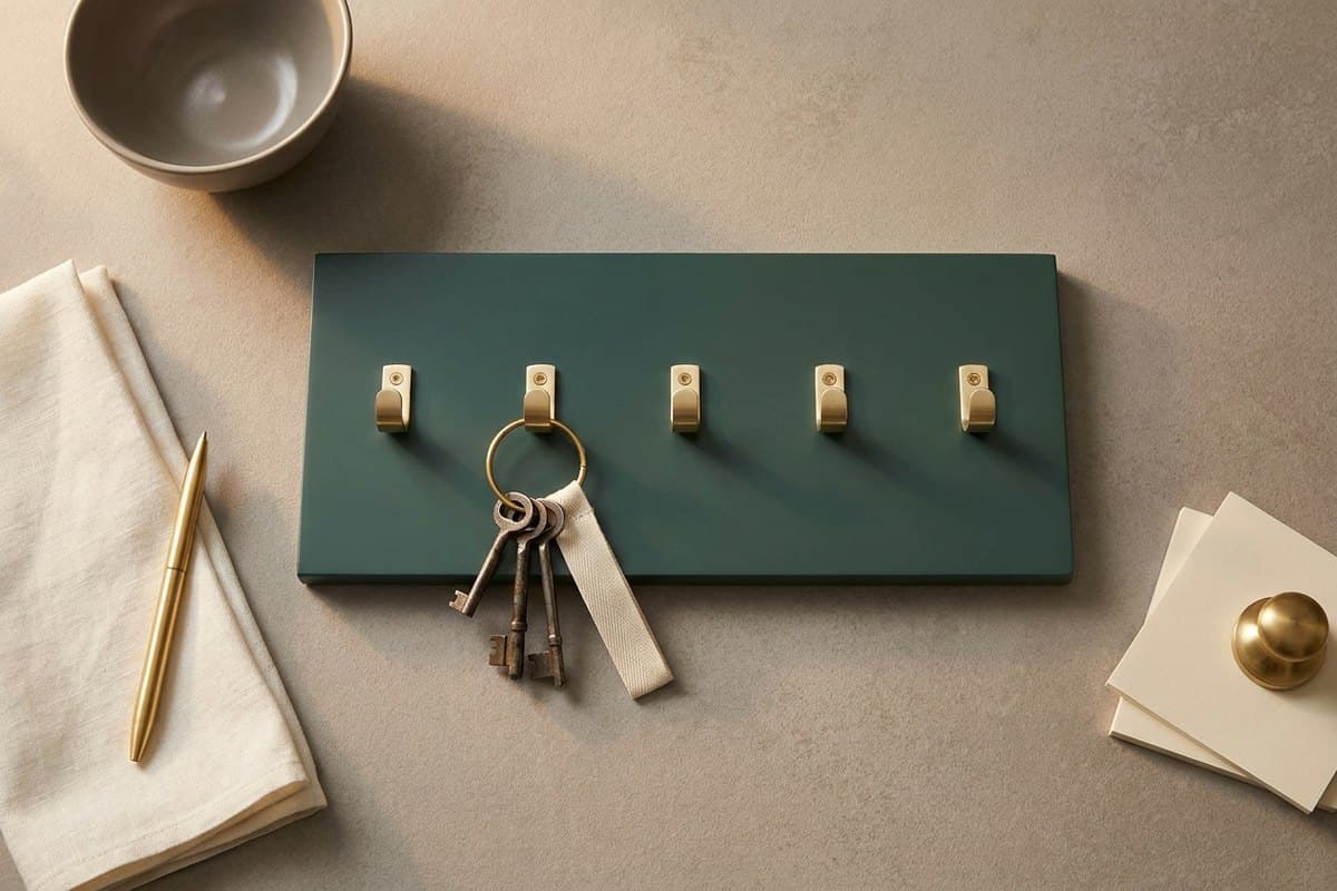 A row of brass hooks with one ring of keys