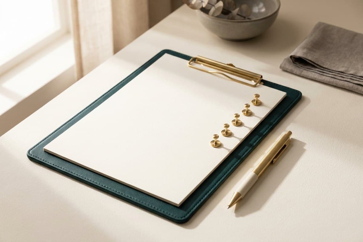 A teal clipboard with five brass pins