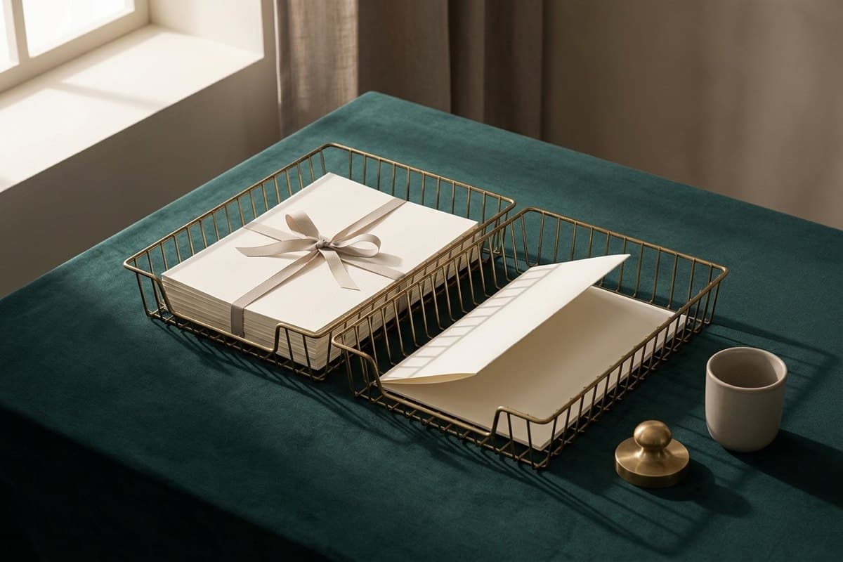 A brass in-tray and out-tray on a teal desk
