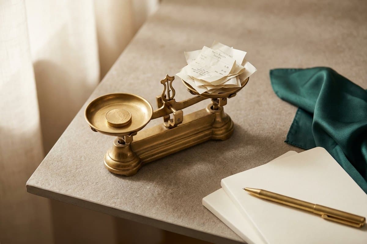 A brass shop scale weighing a coin against receipts