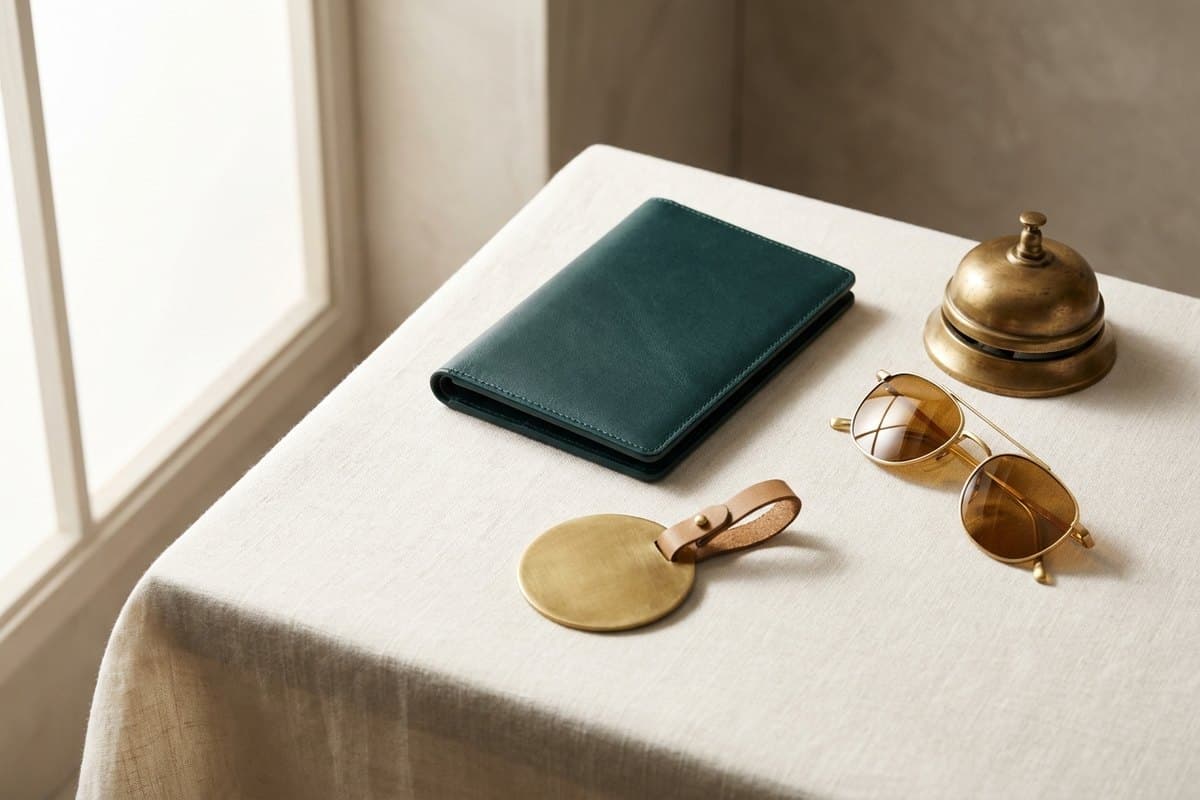A teal travel wallet, sunglasses and a brass bell