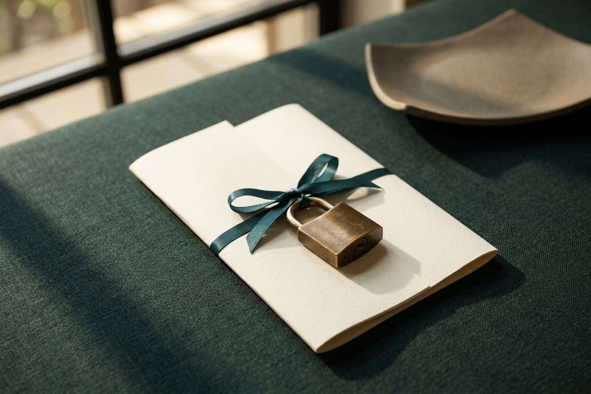 A brass padlock on a folded document tied with ribbon